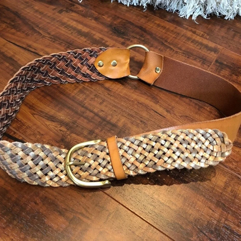 Vintage BOHO BRAIDED Tan Leather Brass Belt M